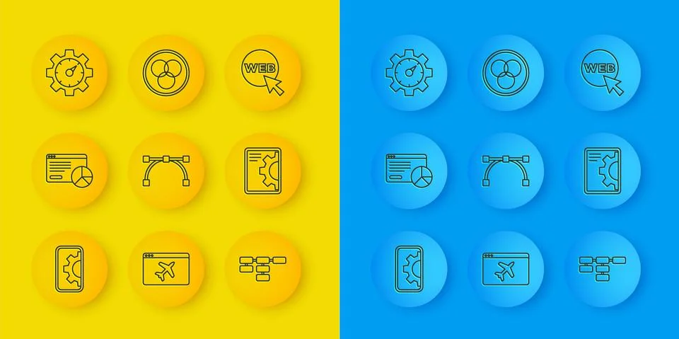 Set line Web development, Website statistic, Bezier curve, Site map, and graphic Stock Illustration