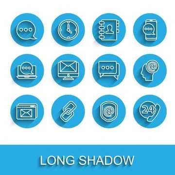Set line Website and envelope, Chain link, Speech bubble chat, Shield with .. Stock Illustration