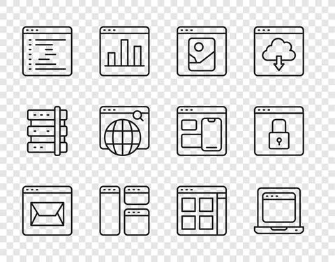 Set line Website and mail, Laptop with browser window, Photo retouching, Browser イラスト素材