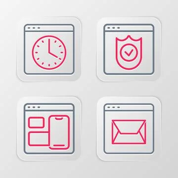 Set line Website and mail, developer programming code, Browser with shield .. Stock Illustration