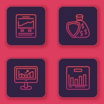 Set line Website with growth graph, Computer, Shield and money bag and Pie chart Illustrazione stock