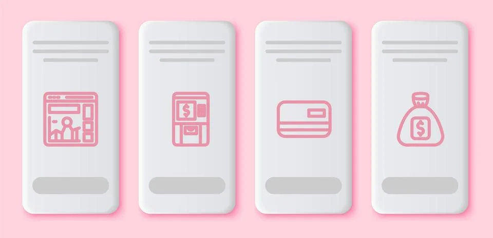 Set line Website with growth graph, ATM and money, Credit card and Money bag Illustrazione stock