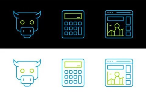 Set line Website with growth graph, Bull market and Calculator icon. Vector Stock Illustration
