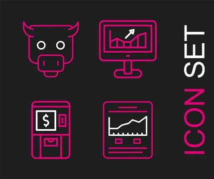 Set line Website with growth graph, ATM and money, Computer and Bull market icon Illustrazione stock