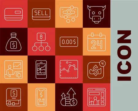 Set line Website with growth graph, Mobile stock trading, Calendar, Stacks paper Illustrazione stock