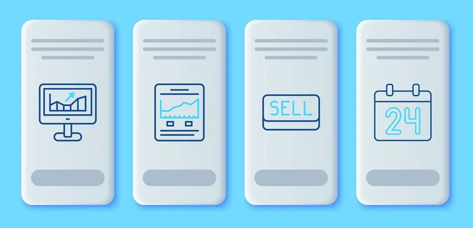 Set line Website with growth graph, Sell button, Computer and Calendar icon.. Illustrazione stock