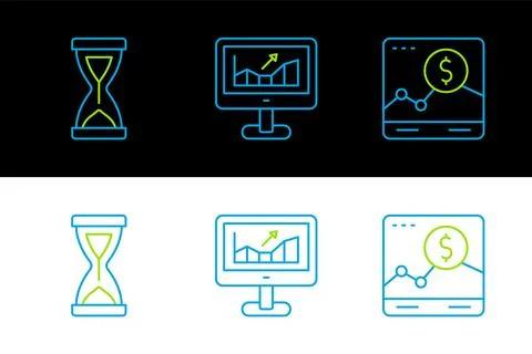 Set line Website with growth graph, Old hourglass and Computer icon. Vector Stock Illustration