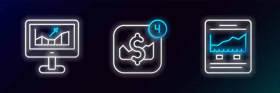 Set line Website with growth graph, Computer and Mobile stock trading icon... Illustrazione stock