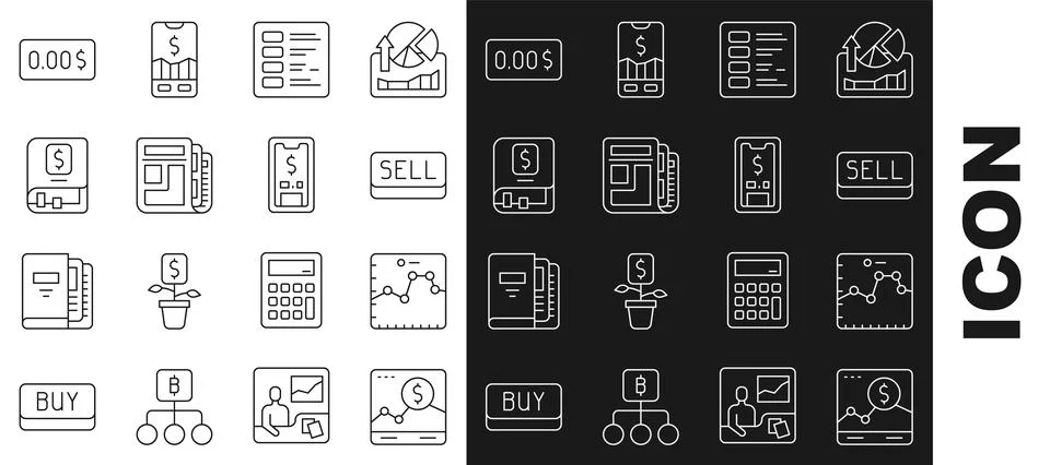 Set line Website with growth graph, Browser, Sell button, Business finance .. Stock Illustration