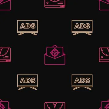 Set line Website statistic, Advertising and Mail and e-mail on seamless pattern Stock Illustration