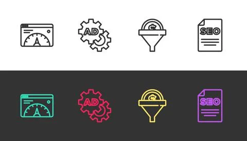 Set line Website statistic, Advertising, Lead management and SEO optimization 스톡 일러스트