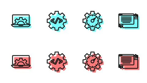 Set line Website statistic, development, Front end and UI or UX design icon Stock Illustration