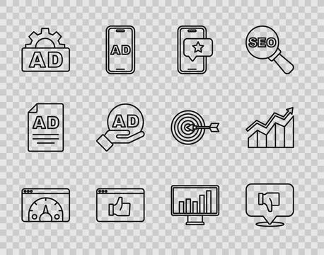 Set line Website statistic, Dislike in speech bubble, Mobile with review ra.. Stock Illustration