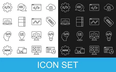 Set line Website statistic, Front end development, SEO optimization, Sketchbook Stock Illustration
