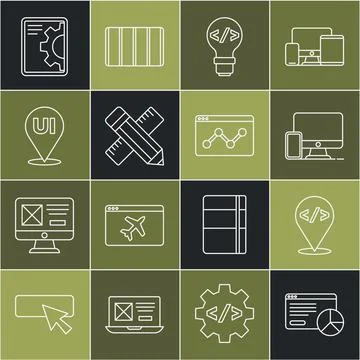 Set line Website statistic, Front end development, Monitor and mobile, Crossed 스톡 일러스트