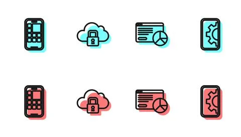 Set line Website statistic, Mobile Apps, Cloud computing lock and development イラスト素材