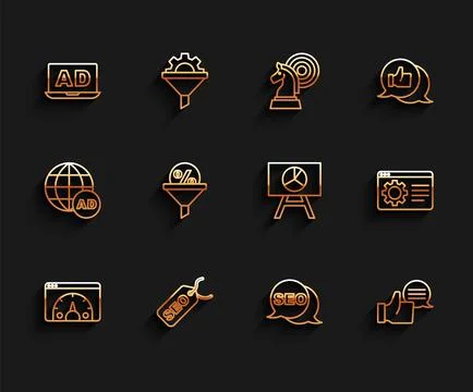 Set line Website statistic, SEO optimization, Advertising, Customer product Illustrazione stock