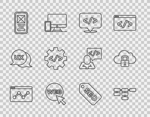 Set line Website statistic, Site map, Front end development, and graphic design イラスト素材