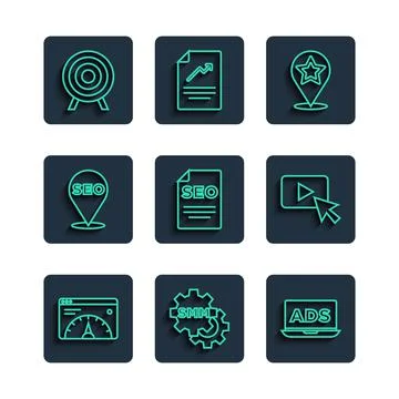 Set line Website statistic, Social media marketing, Advertising, Map pointer Stock Illustration