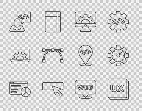 Set line Website statistic, UI or UX design, development, Front end, Bezier Illustrazione stock