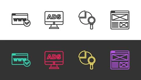 Set line Website template, Advertising, Magnifying glass and analysis and B.. 스톡 일러스트