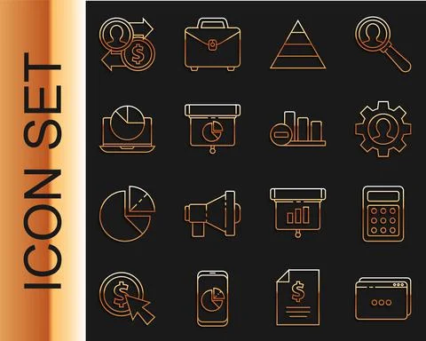 Set line Website template, Calculator, Human with gear inside, Pyramid chart Stock-Illustration