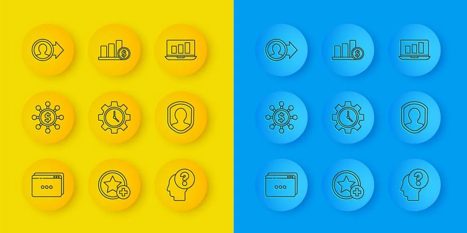 Set line Website template, Dollar, share, network, Time Management, Human h.. Stock Illustration