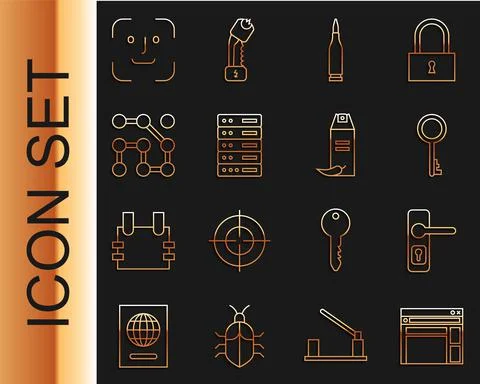 Set line Website template, Door handle, Old key, Bullet, Server, Data, Hosting Illustrazione stock