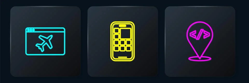 Set line Website template, Front end development and Mobile Apps. Black square Illustrazione stock