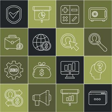 Set line Website template, Human head with question mark, Magnifying glass .. Stock Illustration