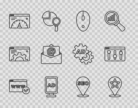 Set line Website template, Map pointer with star, Computer mouse, Advertising 스톡 일러스트