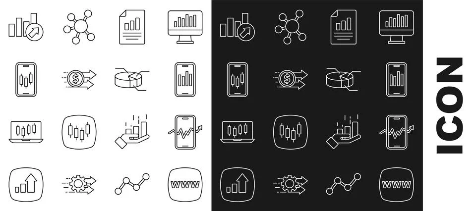 Set line Website template, Mobile stock trading, with graph, Document chart Stock Illustration