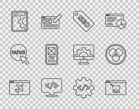 Set line Website template, Online shopping on screen, SEO optimization, Front 스톡 일러스트