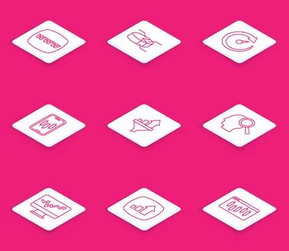 Set line Website template, Pie chart infographic, Digital speed meter, Mobile Stock Illustration
