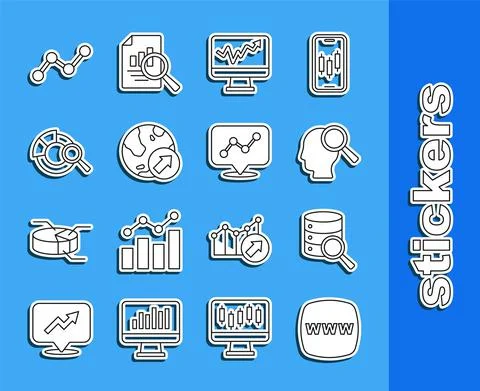 Set line Website template, Server, Search people, Monitor with graph chart Stock Illustration