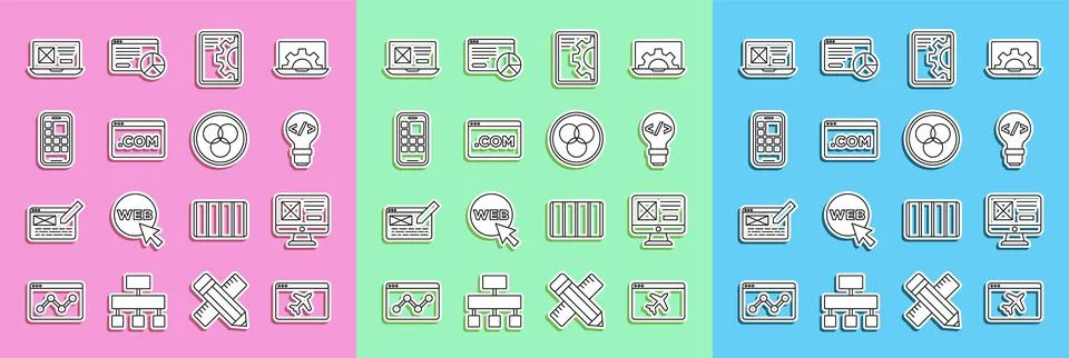 Set line Website template, UI or UX design, Front end development, Mobile Apps Stock Illustration