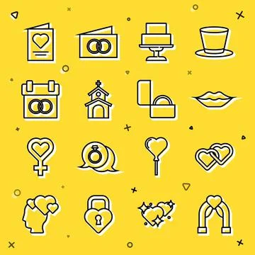 Set line Wedding arch, Two Linked Hearts, Smiling lips, cake, Church building Ilustración de archivo