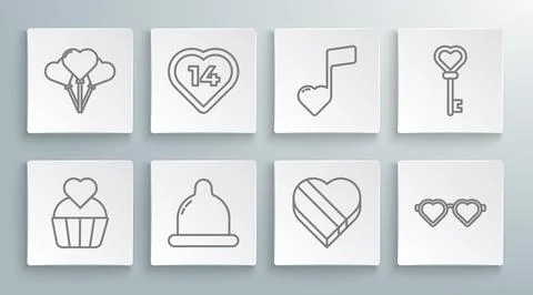 Set line Wedding cake with heart, Heart, Condom, Candy shaped box, love glass Stock-Illustration
