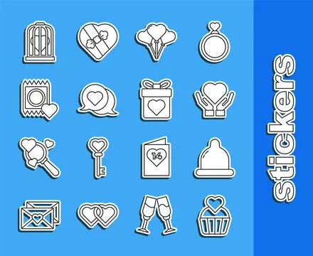 Set line Wedding cake with heart, Condom, Heart hand, Balloons form of, speech Stock-Illustration
