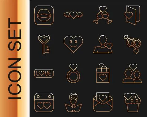 Set line Wedding cake, Lover couple, Gender, Glass of champagne, Heart, Key Ilustração Stock