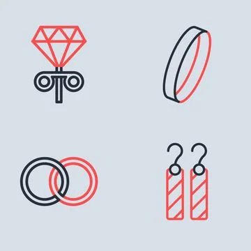 Set line Wedding ring, rings, Earrings and Stud earrings icon. Vector Stock Illustration