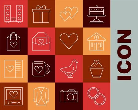 Set line Wedding rings, cake with heart, Church building, Heart, Envelope Ilustración de archivo