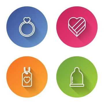 Set line Wedding rings, Candy heart shaped box, Heart tag and Condom. Color Stock-Illustration