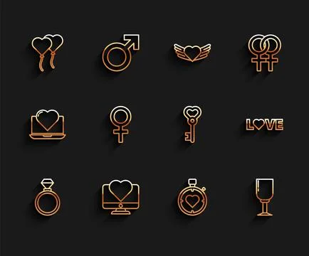 Set line Wedding rings, Computer monitor with heart, Balloons form of, Heart  Stock Illustration