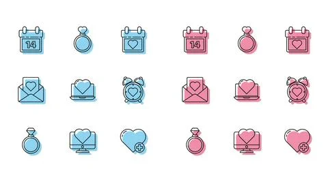 Set line Wedding rings, Computer monitor with heart, Calendar February 14, .. Stock Illustration