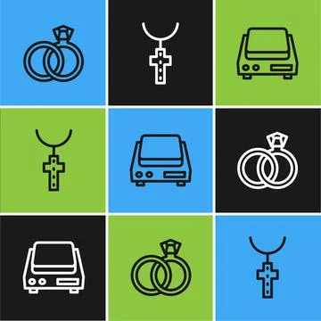Set line Wedding rings, Electronic jewelry scales and Christian cross chain icon Illustration