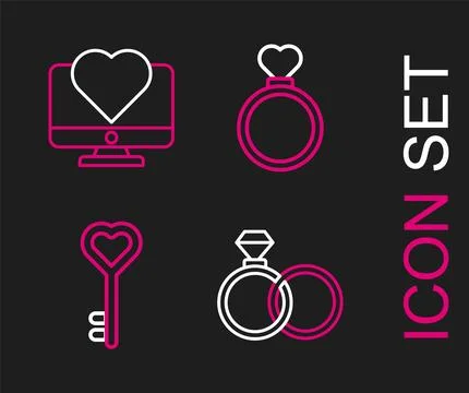 Set line Wedding rings, Key heart shape,  and Computer monitor with icon. V.. Stock Illustration