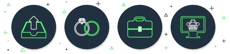Set line Wedding rings, Toolbox, Upload inbox and Monitor with shopping basket Stock Illustration