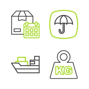 Set line Weight, Cargo ship with boxes delivery, Delivery package umbrella .. 库存插图