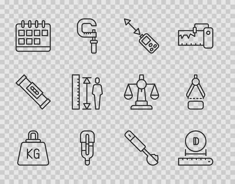 Set line Weight, Diameter, Laser distance measurer, Medical thermometer Stock Illustration